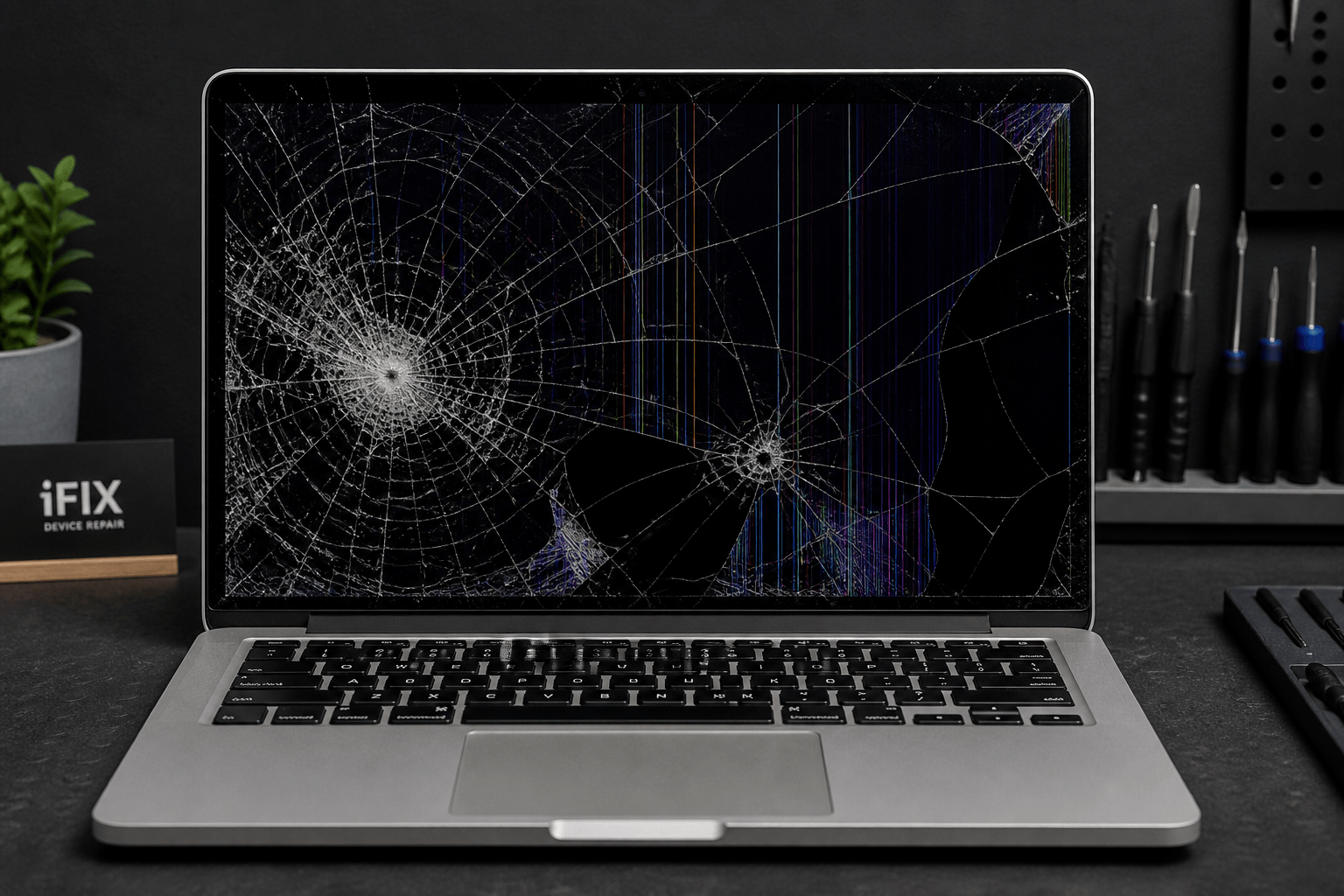 Cracked laptop screen restored — Before