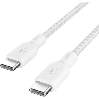 Belkin USB-C to USB-C Braided 6.6 feet (2 meters) 100W PD, Fast Charge and Sync Type C Cable for iPhone 15 Series, Macbook, USB-C Laptops, other USB-C Devices, USB-IF certified – White - Belkin