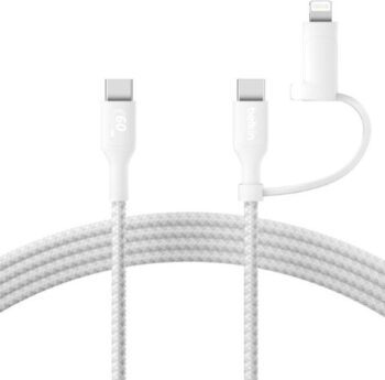 Belkin BoostCharge 2-in-1 USB-C Charging Cable w/USB-C & Lightning Connector - Braided Fast-Charging Cable, Multi-Charging Combo Cord for Apple iPhone, iPad, Samsung, MacBook, & More - White - Belkin