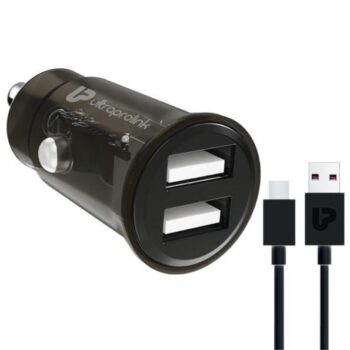 UltraProlink 12W-2.4A Fast Car Charger with Dual USB Ports|Made in India|with USB A-Type C Cable 1m|Mach12|UM1197C (Black) - ULTRAPROLINK