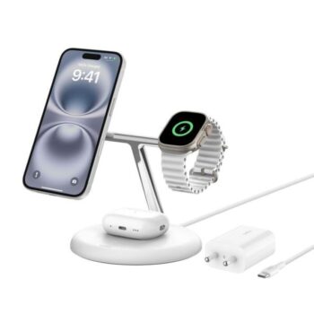 Belkin MagSafe 3-in-1 Qi2 Wireless Charger Stand 15W | Fast Charging iPhone Charger for iPhone 16, 15, 14 & 13 Series, AirPods, & Apple Watch | 36W Charger Included | White - Belkin