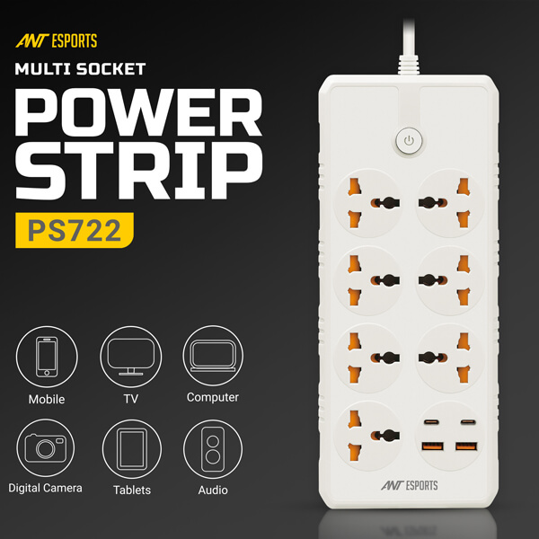 Ant Esports PS722 Power Strip with USB Ports (White) Ant Esports