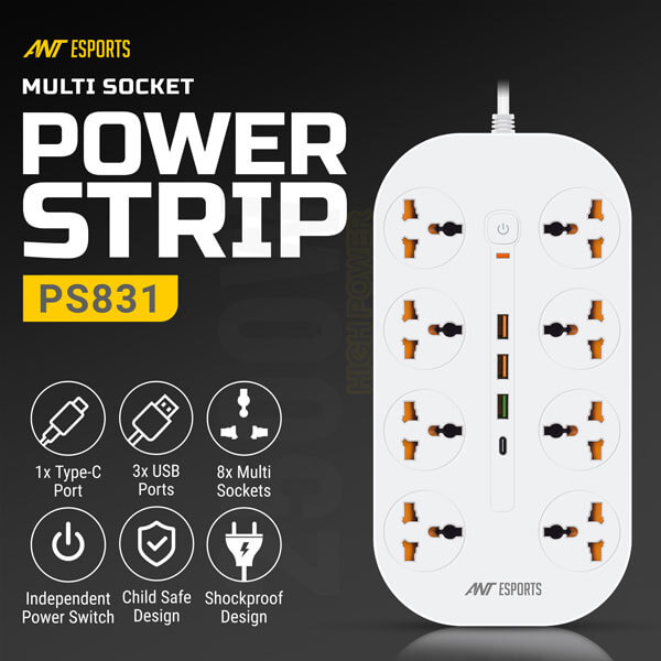 Ant Esports PS831 Power Strip with USB Ports (White) Ant Esports
