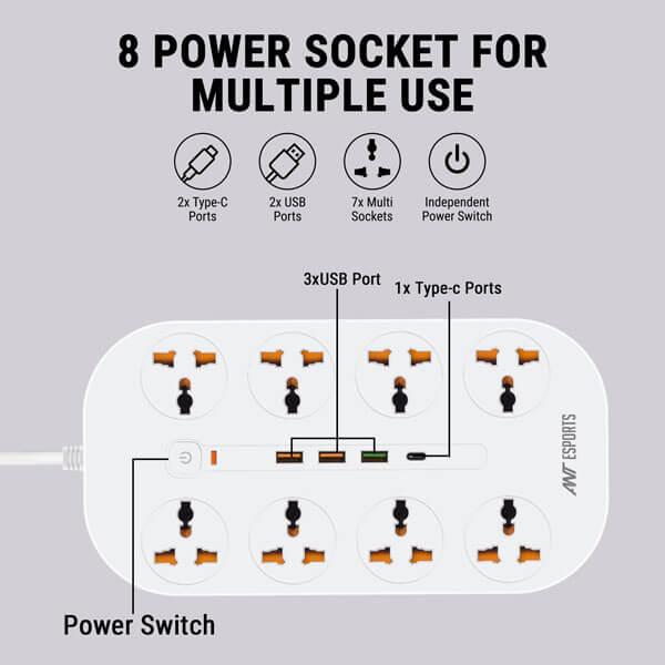 Ant Esports PS831 Power Strip with USB Ports (White) Ant Esports