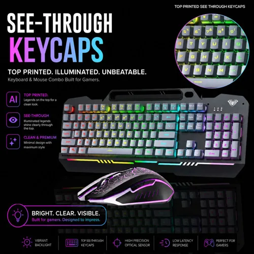 Aula T102 Gaming Keyboard and Mouse Combo With Black Panel Grey Keycaps AULA