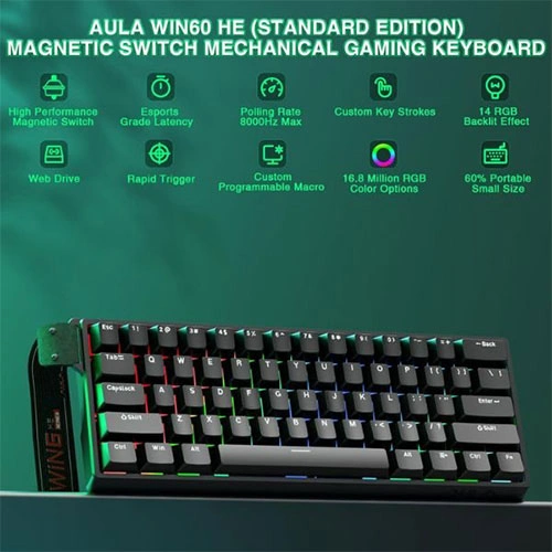 Aula Win60 He 60 Percent Mechanical Gaming Keyboard With Black Graywood Magnetic Switch AULA