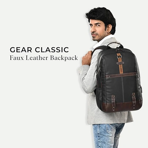 Gear Classic 4 Anti-Theft Faux Leather Black-Brown Laptop Backpack GEAR