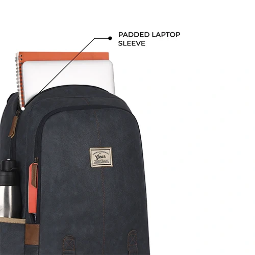 Gear Classic Faux Leather Navy Blue Tan Laptop Backpack GEAR