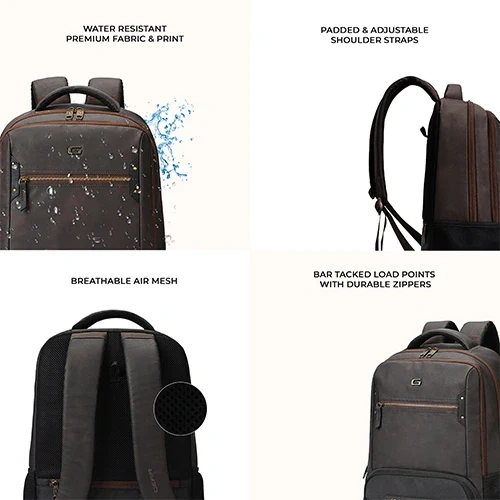Gear Quantum 3 Anti-Theft Faux Leather Brown-Black Laptop Backpack, With Raincover GEAR