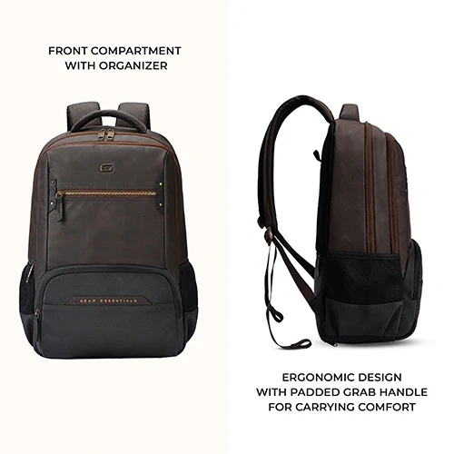 Gear Quantum 3 Anti-Theft Faux Leather Brown-Black Laptop Backpack, With Raincover GEAR