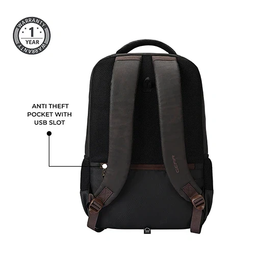 Gear Quantum 3 Anti-Theft Faux Leather Brown-Black Laptop Backpack, With Raincover GEAR