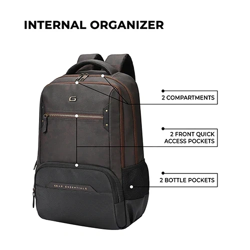 Gear Quantum 3 Anti-Theft Faux Leather Brown-Black Laptop Backpack, With Raincover GEAR