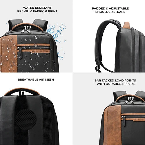 Gear Vintage 4 Anti-Theft Faux Leather Black Tan Laptop Backpack GEAR