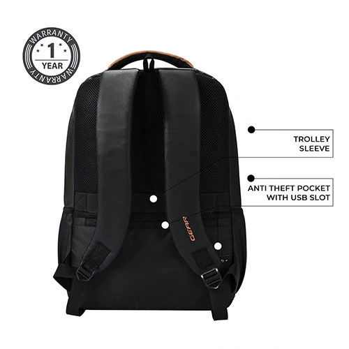 Gear Vintage 4 Anti-Theft Faux Leather Black Tan Laptop Backpack GEAR