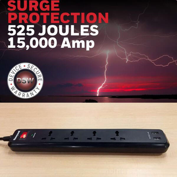 Honeywell 4 Socket 2 Meter Surge Protector (Black) HONEYWELL