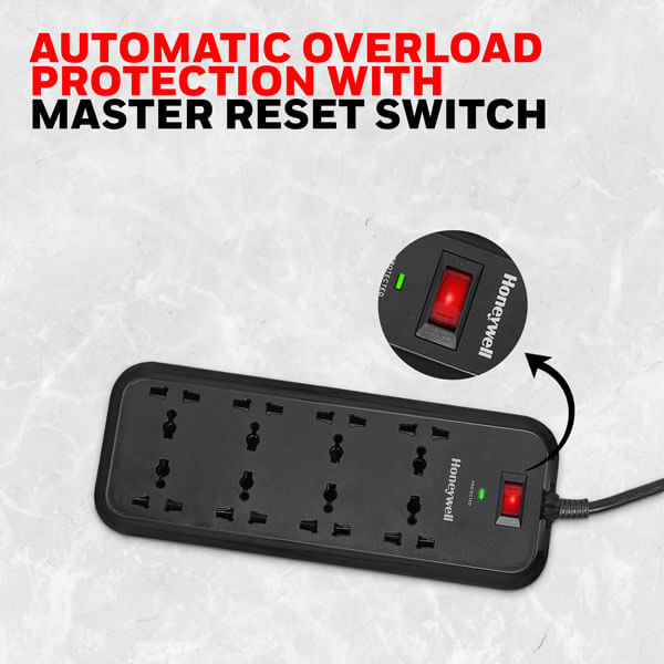 Honeywell 8 Socket 2 Meter Surge Protector (Black) HONEYWELL