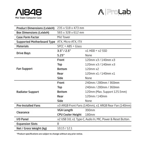 ProLab Design AI848 ARGB ATX Mid Tower Case ProLab DESIGN