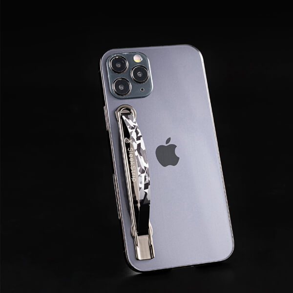 SleekStrip Phone Stand and Grip - Gunmetal Base with B&W Camouflage Strip SLEEKSTRIP