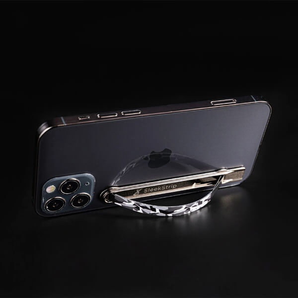 SleekStrip Phone Stand and Grip - Gunmetal Base with B&W Camouflage Strip SLEEKSTRIP