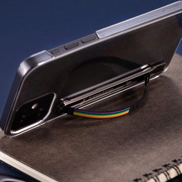 SleekStrip Phone Stand and Grip - Gunmetal Base with Rainbow Strip SLEEKSTRIP