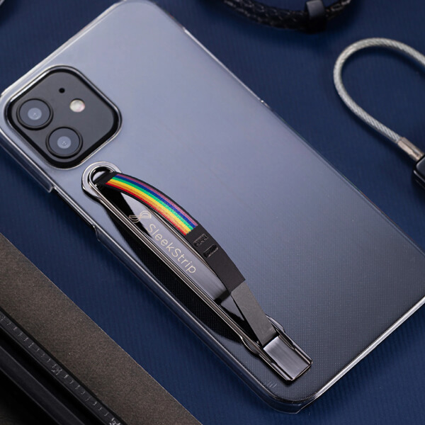 SleekStrip Phone Stand and Grip - Gunmetal Base with Rainbow Strip SLEEKSTRIP