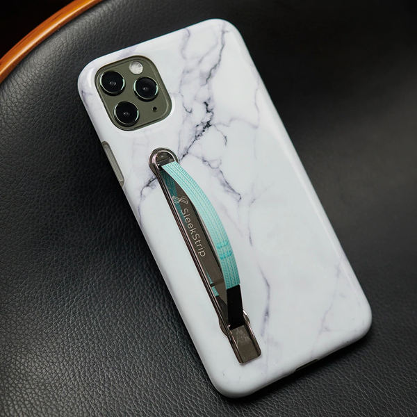SleekStrip Phone Stand and Grip - Chrome Base with Al Aqua Braid Strip SLEEKSTRIP