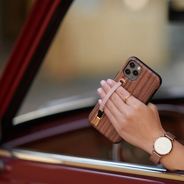 SleekStrip Phone Stand and Grip - Rose Gold Base with Coral Braid Strip SLEEKSTRIP