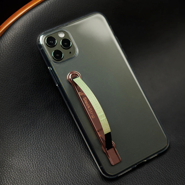 SleekStrip Phone Stand and Grip - Rose Gold Base With Emerald Aurora Strip SLEEKSTRIP