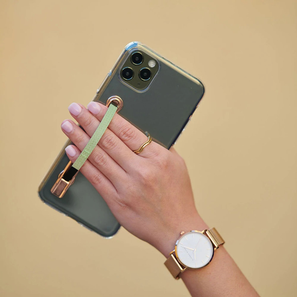 SleekStrip Phone Stand and Grip - Rose Gold Base With Emerald Aurora Strip SLEEKSTRIP