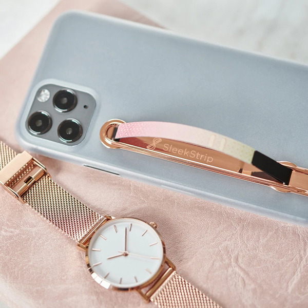 SleekStrip Phone Stand and Grip - Rose Gold Base With Ruby Sunset Strip SLEEKSTRIP