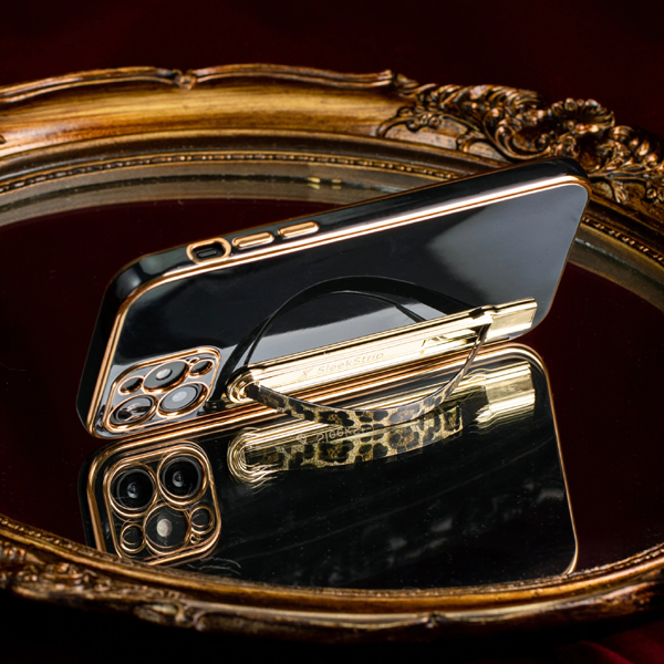 SleekStrip Phone Stand and Grip - Shinny Gold Base With Leopard Strip SLEEKSTRIP